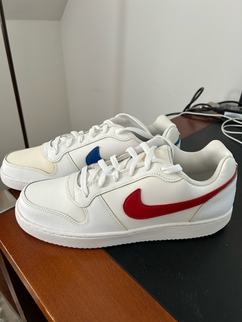 Nike Men's Custom White Sneakers with Red and Blue Swooshes